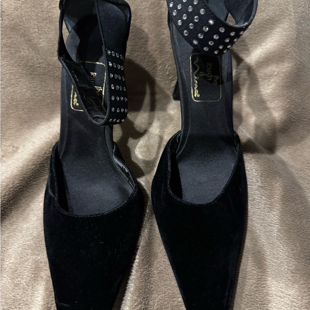 The Touch of Nina Black Velvet Heels with Studded Ankle Strap